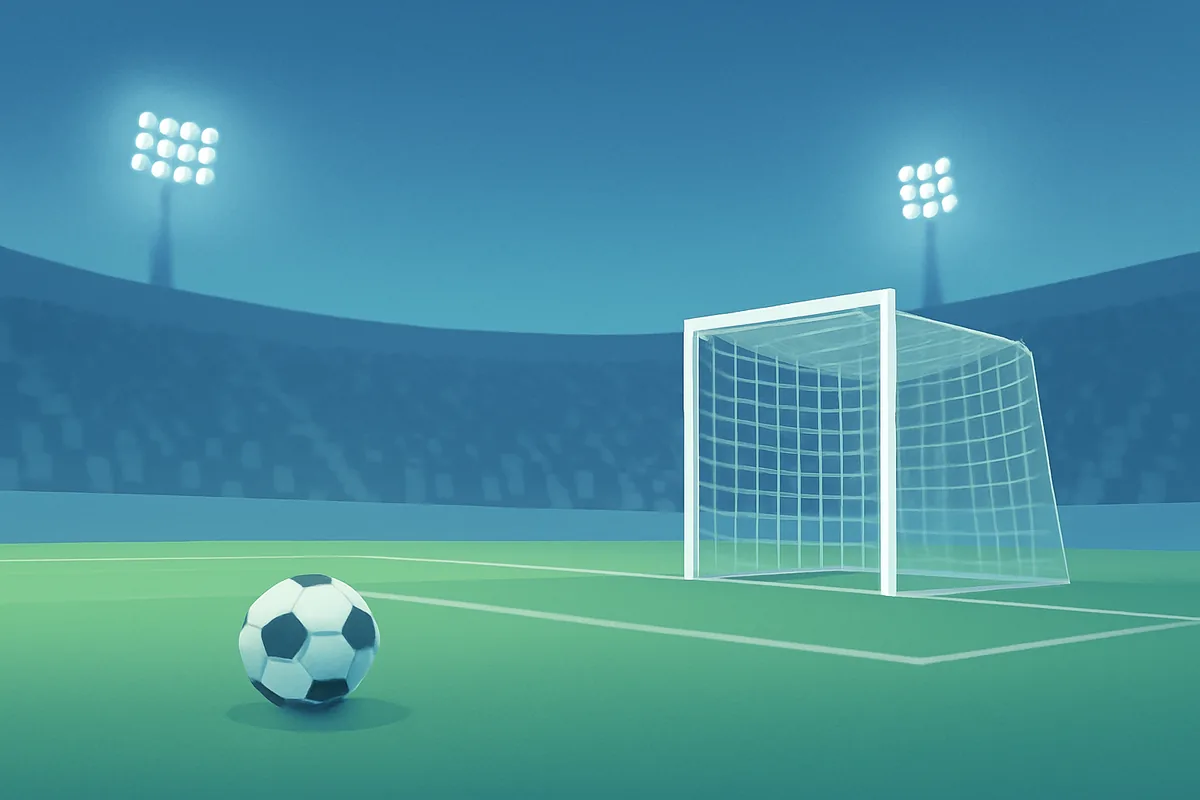 Futballpálya labdával és stadionfényekkel